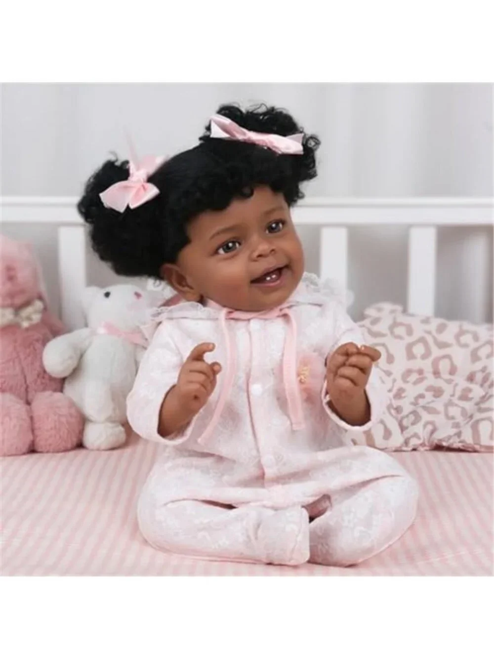 18 Inch Reborn Baby Doll Black Girl Realistic African American Pink Lace Outfit